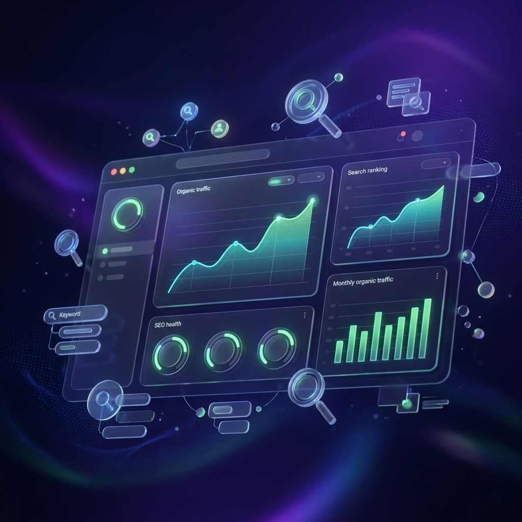 Zymofar SEO Dashboard Ranking Traffic Growth Mockup