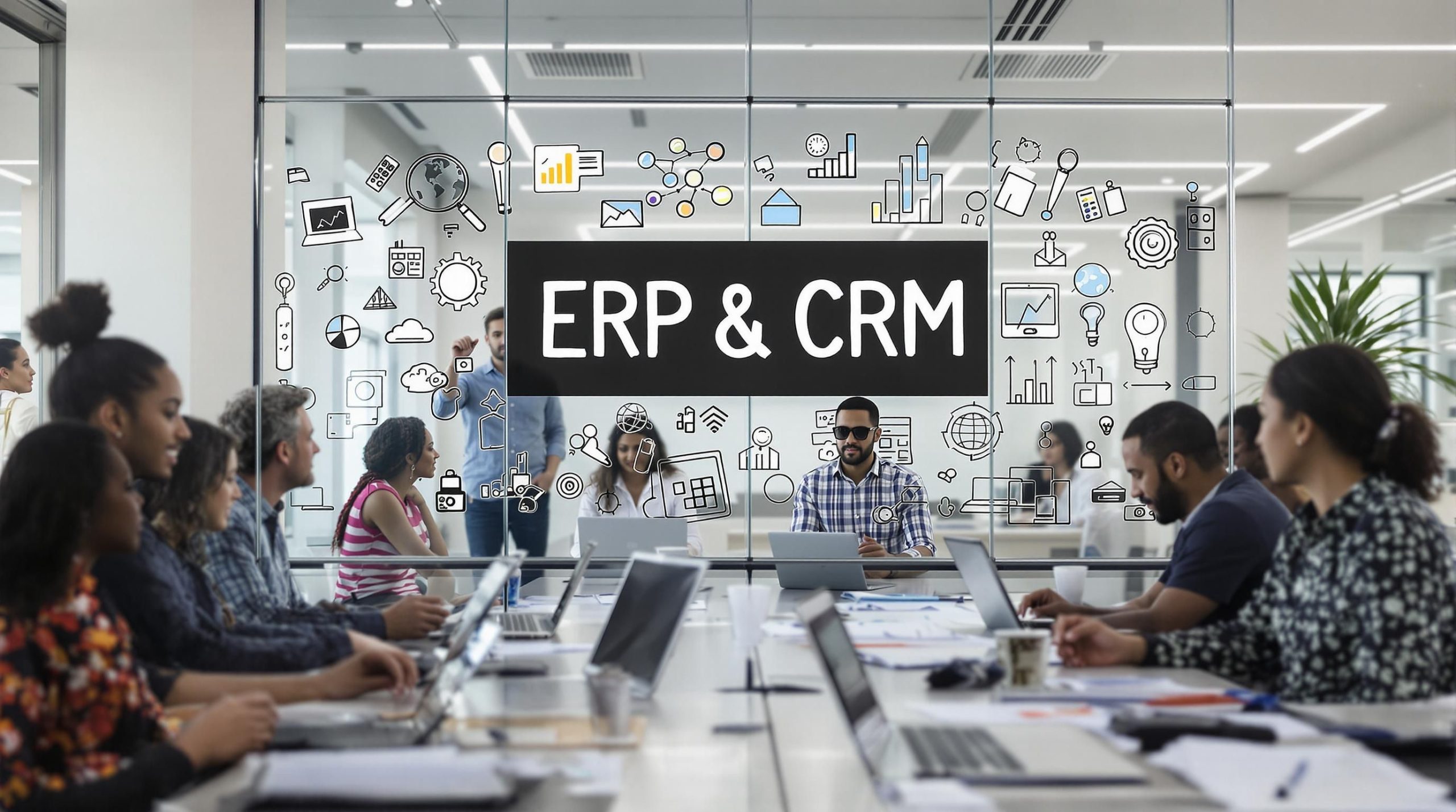 Business professionals discussing ERP and CRM integration in modern office