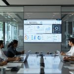 Indian business leaders in meeting with ERP dashboard and 'Digital Transformation' on screen