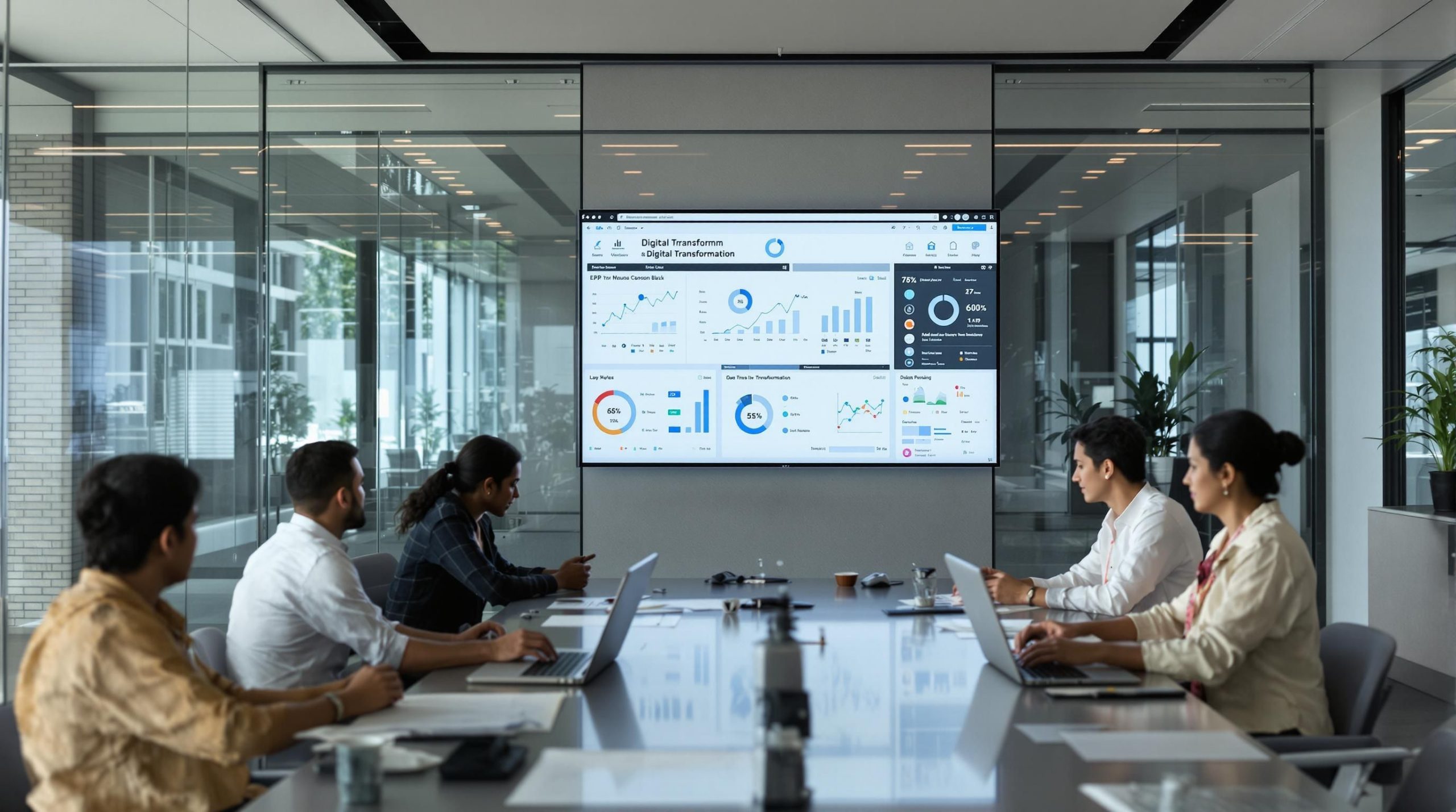 Indian business leaders in meeting with ERP dashboard and 'Digital Transformation' on screen