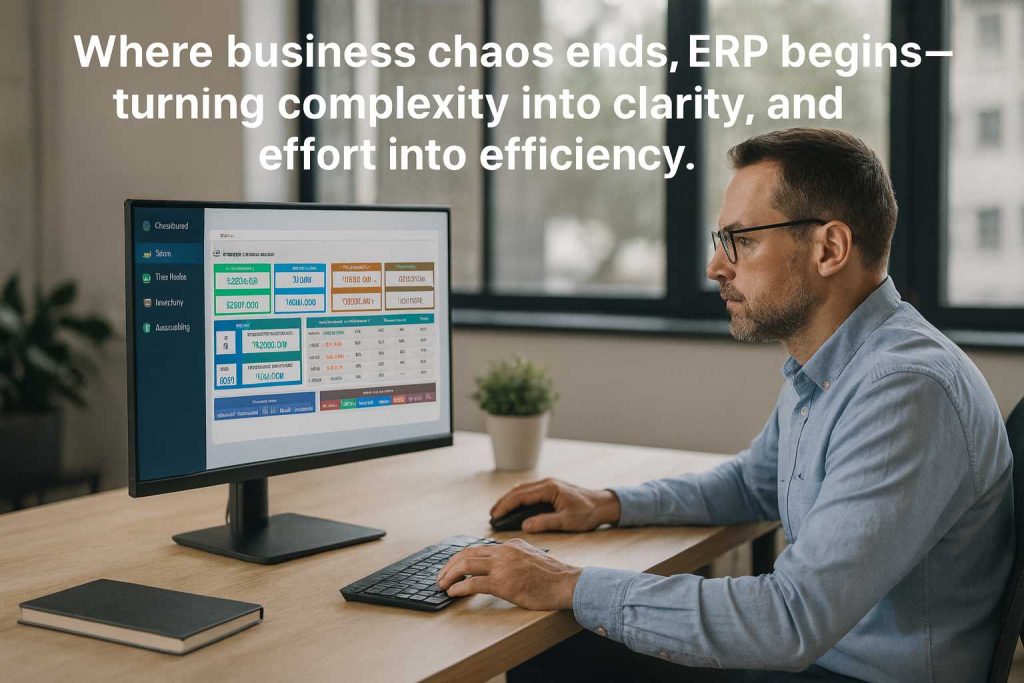 WiderERP software dashboard showcasing sales, finance, and analytics—empowering businesses to move from chaos to clarity with ERP automation.